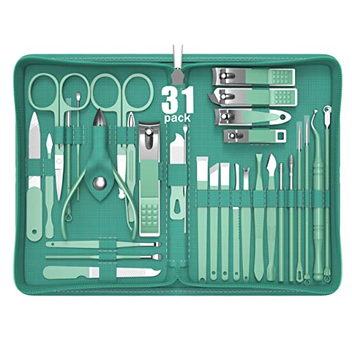 Tseoa Manicure Set Personal Care, Nail Clipper Kit, Professional Nail Clipper Pedicure Set, Nail Tools with Luxurious Travel Case, Gifts for Men Women Family Friend, 31 Pieces (Green) - color: Green