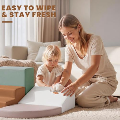 Hoohtoot Foam Climbing Blocks for Toddlers: 6-Piece Soft Play Set - PU Leather Climbing and Crawling Toys - Indoor Baby Learning Gym - Kids Play Structure for Preschool - style: Beige/Ivory