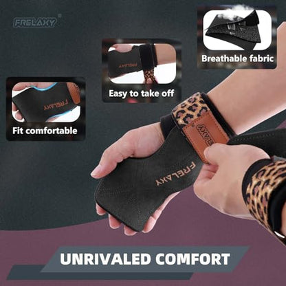 Frelaxy Lifting Wrist Straps for Women and Men, Weight Lifting Grips | Double-layer leather, Cushioned wrist support, Durable construction, Storage pouch, Deadlifts, rows, lat pulldowns - color: Black/Leopard