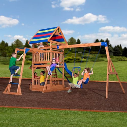 Backyard Discovery Beach Front Cedar Wood Swing Set with Wave Slide, Play Deck, Monkey Bars, Rock Wall Ladder, Shaded Picnic Area, Snack Bar, Belt Swings, Trapeze, Sandbox Area, Outdoor Playset - color: Multicolor