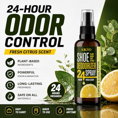 KIKYO Shoe Deodorizer Spray - Natural Plant-Powered Odor Eliminator for Smelly Shoes, Sneakers, Work Boots, 24 Fresh Protection & Lemon Eucalyptus Scent, 4 oz