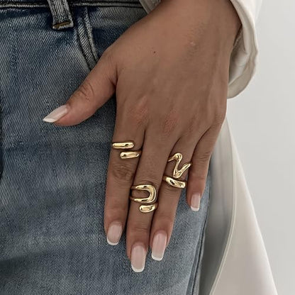 YEEZII Chunky Gold Rings for Women Non Tarnish, 18K Gold Plated Stackable Thumb Ring, Statement Women Rings Set - color: Gold-B