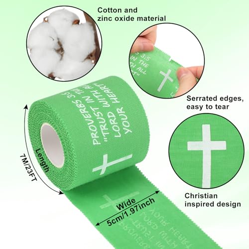 MiniInflat 2 Pcs Christian Cross Athletic Tape Sports Tape 2in x 23ft Religion Jesus Wrist Wrap for Soccer Football Baseball, Gift for Graduation Teacher Nurses Week Pentecost(Green,Proverbs) - color: Green, style: Proverbs