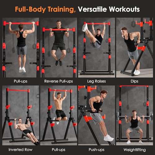 SogesPower Foldable Pull Up Bar Station,Triangular Power Tower Dip Stand | Adjustable Heights & Handles Pull Up Dip Station for Pull-ups, Dips, Knee Raises,Space-saving for Small Space - color: Red