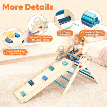 DUMOS Pikler Triangle Set, Toddler Climbing Toys and Play Structure Indoor, 9-in-1 Wooden Montessori Climbing Set with Arch, Ramp and Ladder, Foldable Baby Jungle Gym, Blue - color: Blue