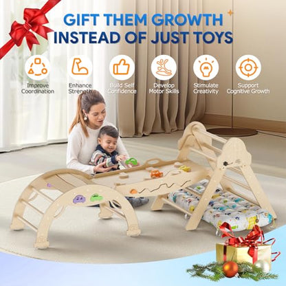 Pikler Triangle Set with Cushion 9 in 1 Foldable Montessori Climbing Toys for Toddlers 1-3 Indoor Wooden Kids Playground Baby Climbing with Maze Toys, Shape Sorter Toys, Car