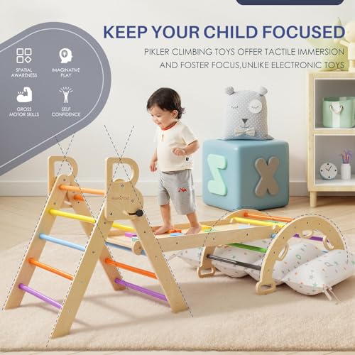 BlueWood Pikler Triangle Set, Foldable Wooden Toddler Climbing Toys Indoor Playground Jungle Gym Montessori Philosophy Climber for 2-6 Years Old, Baby, Kids (Rainbow, with Cushion) - color: Rainbow