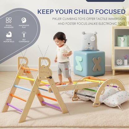 BlueWood Pikler Triangle Set, Foldable Wooden Toddler Climbing Toys Indoor Playground Jungle Gym Montessori Philosophy Climber for 2-6 Years Old, Baby, Kids (Rainbow, with Cushion) - color: Rainbow