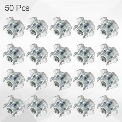 HARFINGTON M4x6.7mm T-Nuts 4 Pronged Tee Nut 0.57" x 0.26" Fully Thread Carbon Steel Inserts for Wood, Rock Climbing Holds, Cabinetry, Furniture 50pcs - size: M4x6.7mm