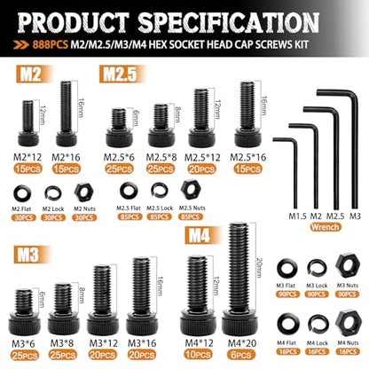 mankk 888PCS Metric Screw Assortment Kit M2 M2.5 M3 M4 Hex Socket Head Cap Bolts Nuts & Washers Set 12.9 Grade Alloy Steel Zinc Plated Metric Machine Screws - size: M2/M2.5/M3/M4, style: Hex Socket Cap