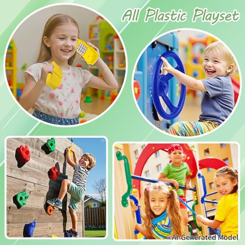 KINSPORY 17 Pack Playground Accessories for Kids - 10pc Colourful Rock Climbing Holds, 4pc Climbing Handles & Grips, 2pc Play Phones and Steering Wheel for Wooden Playset, Swing Set & Tree House