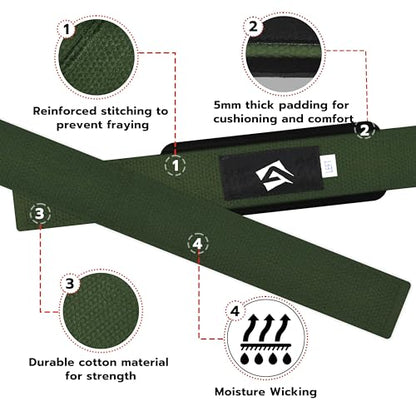 AQF Weight Lifting Straps, Padded Cotton Gym Wrist Straps for Deadlifts | 23" Extra-Long, Heavy-Duty Webbing, 5mm Neoprene Cushioning, Open-Loop Design, Sold as Pair, Ideal for Rows & Pull Workout - color: Military Green