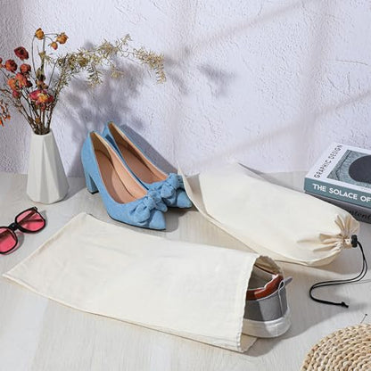 12 Pcs Dust Bags for Shoes Travel, 18x9 Inch Shoe Travel Bags for Suitcase, Single Shoe Pouch Storage Organizer, Cotton Drawstring Bag for Sneakers Boots Handbags, Beige