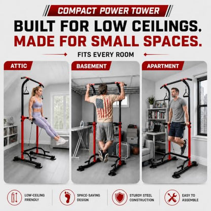 Power Tower Pull Up Bar,Pull-Up Rack Dip Station,Height Adjustable Multi-functional Home Strength Training Gym Equipment, Save Space,People Below 6 feet - color: Red