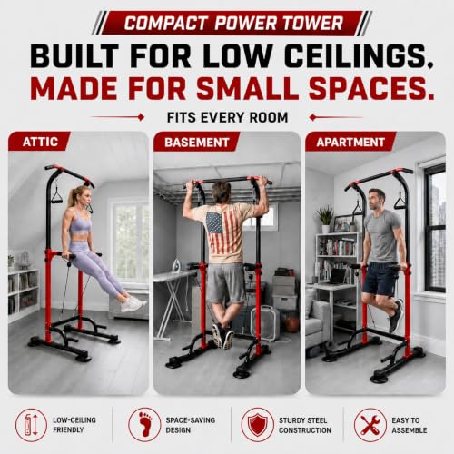 Power Tower Pull Up Bar Station, Adjustable Height Dip Stand | Adjustable Height, Pull-Ups & Dips, Space-Saving Design, Heavy-Duty Steel, Fits Users Under 6 FT - color: Red