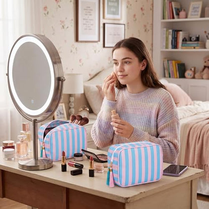 Kacctyen 6 Pack Peony Pink and Slate Blue Striped Makeup Bag bulk with Tassel Travel Cosmetic Pouch Organizer Large Zipper Toiletry Case for Women Aesthetic Storage Pouch Mahjong Tile Bag - color: Peony Pink and Slate Blue