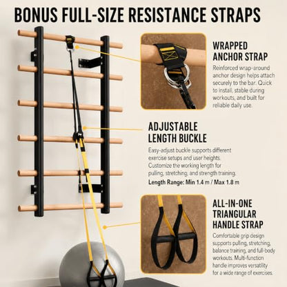 Swedish Ladder Wall Gym For Adults, Wall Mounted Stall Bars And Wall Bars With Yellow Suspension Trainer Straps, Compact Wooden Stretching Ladder For Home Fitness, Pull-Up, Mobility And Calisthenics