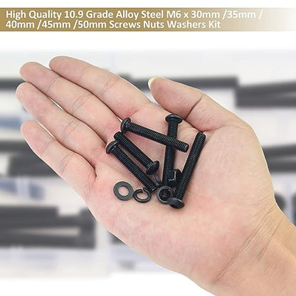 87 Pieces Black M6 x 30/35 /40/45 /50 mm Button Head Socket Cap Screws Nuts Washers Assortment Kit, 10.9 Grade Alloy Steel - size: M6 x 30/35/40/45/50mm, style: Button Head