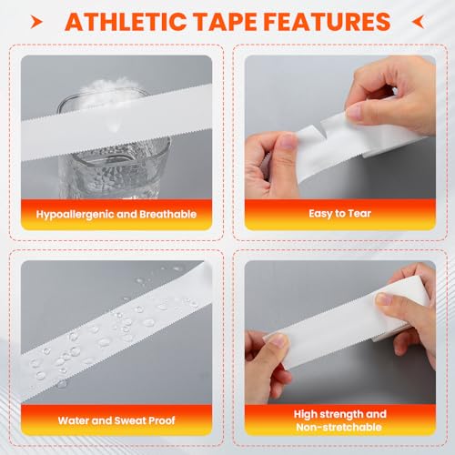 64 Pack Athletic Tape, White Sports Tape for Wrist Ankle Protection, Sports Tape Athletic No Sticky Residue, Easy to Tear Gymnastics Tape for Soccer, Football, Training Supplies (1.5" x 640 Yards) - size: 64