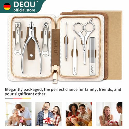 DEOU Premium Manicure Set 8 in 1, 420J2 Stainless Steel Pedicure Kit with Luxury Leather Case, Professional Grooming Tools for Travel & Home, (Brown) - color: Brown