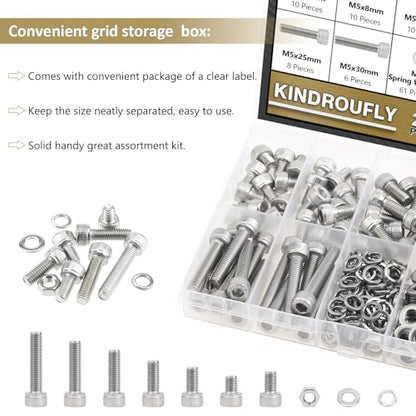 212 Pieces M5 x 6/8 /12/16 /20/25 /30mm Hex Socket Head Cap Screws Nuts Washers Assortment Kit, 304 Stainless Steel, Fully Machine Thread - size: M5, style: Socket Head