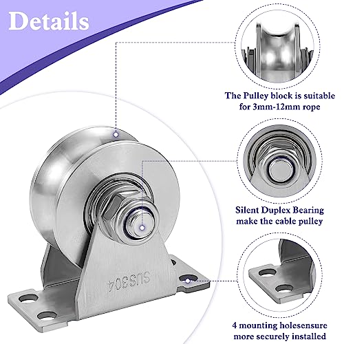 U Type Wheel Pulley Stainless Steel Pulley Block,Wall-Mounted Ceiling Lifting Pulley Block,Sliding Gate Hardware,Removable Double Bearing,Each Bearing Capacity 800 lbs(4 Pack) - size: 4 Pack U Type