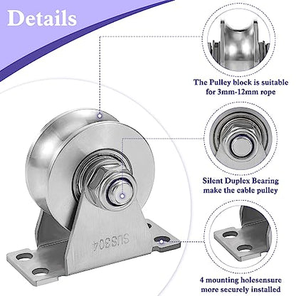 U Type Wheel Pulley Stainless Steel Pulley Block,Wall-Mounted Ceiling Lifting Pulley Block,Sliding Gate Hardware,Removable Double Bearing,Each Bearing Capacity 800 lbs(4 Pack) - size: 4 Pack U Type