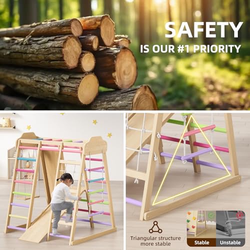 9 in 1 Indoor Playground for Kids, Montessori Wooden Toddler Jungle Gym Indoor with Slide, Swing, Rope Ladder, Climbing Net, Rock Wall and DIY Name Stickers, Playground Playset for Boys and Girls