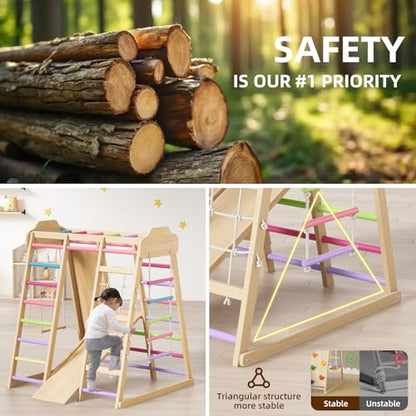 9 in 1 Indoor Playground for Kids, Montessori Wooden Toddler Jungle Gym Indoor with Slide, Swing, Rope Ladder, Climbing Net, Rock Wall and DIY Name Stickers, Playground Playset for Boys and Girls