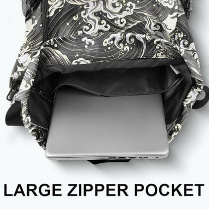 Drawstring Backpack with Mesh Pockets String Gym Bag Sackpack Sandproof Water Resistant Beach Backpack for Men Women - color: Black Waves