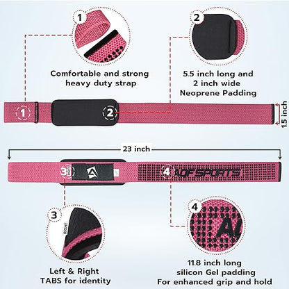 AQF Weight Lifting Straps, Padded Cotton Gym Wrist Straps for Deadlifts | 23" Extra-Long, Heavy-Duty Webbing, 5mm Neoprene Cushioning, Open-Loop Design, Sold as Pair, Ideal for Rows & Pull Workout - color: Pink Gel Grip