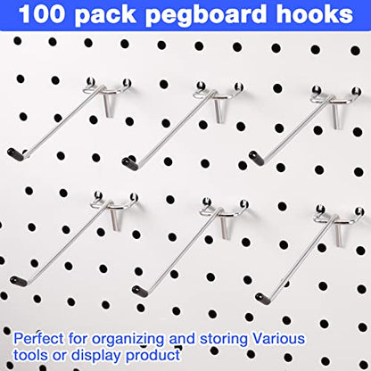 Moxweyeni 100 Pcs Pegboard Hooks Peg Board Organizer Accessories Holders Hanging Stainless Steel Display Wall Hooks for 1/8 and 1/4 Pegboard Wall for Garage Storage Tools(6 Inch) - size: 6 Inch