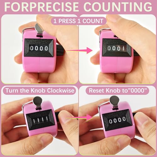 GDMINLO Clicker Counter Handheld Tally Counter 4-Digit Number Counter for Coaching, Knitting, Lap, Fishing, Golf and Row Sport with 2-Nylon Lanyard,Pink