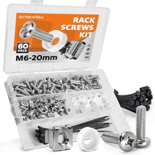 60 Pack M6 x 20mm Rack Screws Kit (Silver), Cage Nuts, Washers and Cable Ties, Organizer Case with Dividers for Server Racks and Network Cabinets - color: Silver, size: M6x20mm