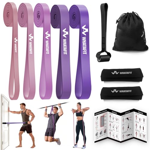 WHATAFIT Resistance Bands, Pull Up Assist Bands with Handles, Door Anchor | Natural Latex Rubber, Progressive Tension, Exercise Loop for Full-Body Fitness, Portable Gym Bag, Warm-Up & Stretch - color: 5-125LBS PINK PURPLE+GRIP