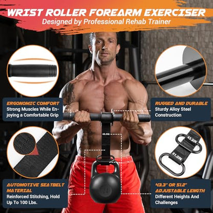 Forearm Exerciser Wrist Roller, TPE Anti-Slip Handles Forearm Strengthener with 43.3 in Or 51.2 in Ultra-Strong Nylon Strap, Grip strength Trainer with Quick Lock for Arm Strength Training (Black)