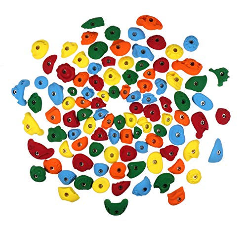 Atomik Rock Climbing Holds Set of 100 Bolt-On Classics in Assorted Bright Tones Includes Jugs, Edges, Pinches, Footholds for Home Walls