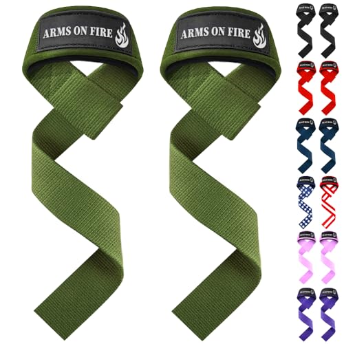 TECEUM Lifting Straps for Weightlifting Gym Strength Training - Wrist Straps with Neoprene Padded Cotton - Men & Women – Ideal for Powerlifting, Bodybuilding & Deadlifts - color: Military Green, size: 18" - Arms on Fire