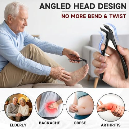 Ergonomic Long Handle Toenail Clippers for Seniors, 4.75 Inches Angled Head Curve Wide Jaw Opening Nail Clippers for Thick Nails with Meta and Glass Nail File, Fingernail Cutter with Catcher, 3Pcs