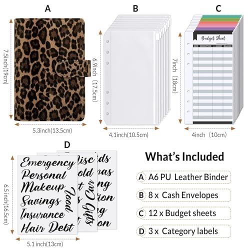 SKYDUE A6 Budget Binder with Zipper Envelopes, Money Organizer for Cash with 12Pcs Expense Budget Sheet & 24Pcs Stickers, Cash Envelopes for Budgeting and Saving - color: Leopard Brown