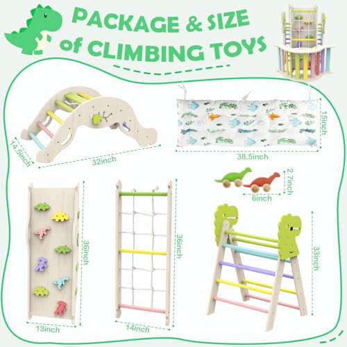 12 in 1 Pikler Triangle Set with Cushion, Montessori Toddler Climbing Toy | Wooden Indoor Climbing Gym, Rope Ladder, Shape Sorter, Push Car, Baby Activity Toy, Motor Skills Development, Dinosaur Design