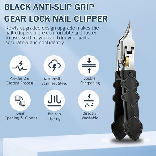 Black Anti-Slip Grip Gear Lock Nail Clipper, Anti-Slip Grip Gear Lock Nail Clipper Set with Ultra-Sharp Tips for Thick and Ingrown Nails (Black)
