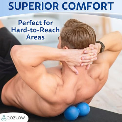 Peanut Massage Ball - Solid TPE - Deep Tissue Pain Relief - Blazing Blue | Cozlow 5" ultra firm double lacrosse massage ball, trigger point roller for mobility, acupressure tool for myofascial release