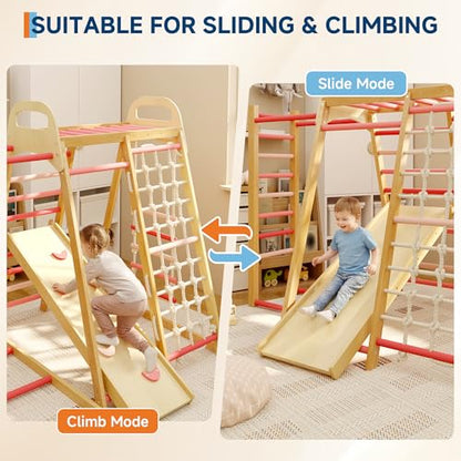 7-in-1 Wooden Jungle Gym, Indoor Kids Climbing Playset for Toddlers - color: Rainbow