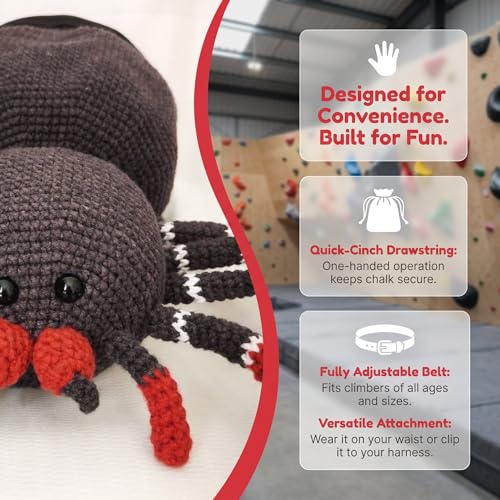Black Spider Rock Chalk Bag, Funny Outdoor Rock Climbing Powder Bag with Adjustable Waist Belt, Drawstring Closure Bouldering Chalk Pouch for Climbers