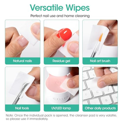 GELLEN Nail Cleanser Pads, 100 Pack Alcohol Prep Pads Individually Wrapped | Nail Cleanser Wipes Remove Tacky Residue, Lint-free Glossy Wipes for Acrylic/Builder/Gel Polish Travel for Perfect Manicure - size: 100PCS