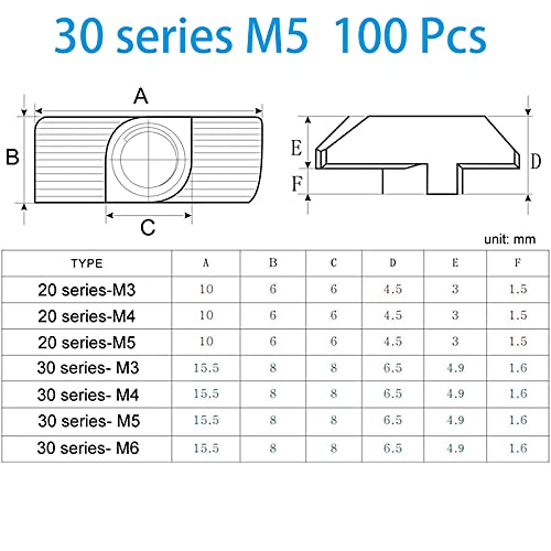 100 Pcs 3030 Series M5 T Nuts, T Slot Nut Hammer Head Fastener Nut, Nickel Plated Carbon Steel Nut for Aluminum Profile (3030 Series M5)
