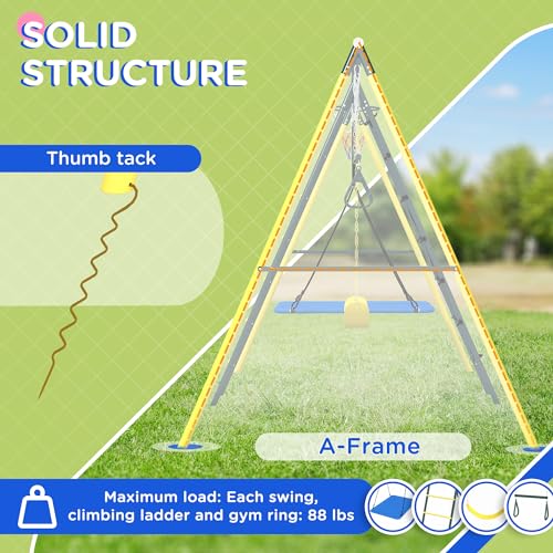 Outsunny 440 lbs Swing Set for Backyard, 5 in 1 Heavy-Duty A-Frame Stand Outdoor Playset for Kids, with Saucer Swing, Slide, Swing Seats, Gym Rings, Basketball Hoop, Climbing Steps and Net