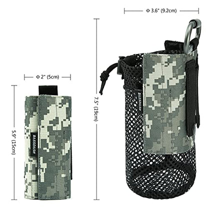 BASSDASH Tactical Molle Water Bottle Pouch with Carabiner Foldable Mesh Holder Bag for Travel Fishing Hunting Hiking Outdoor Activities - color: Jungle Camo with Molle Straps