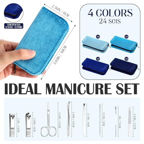 Coume 24 Sets Mini Manicure Set Bulk for Women Men Gifts for Coworkers Nail Grooming Kit 8 in 1 Nail Clippers Kit Luxurious Travel Case Stainless Steel Nails Clipper Set(Blue Series) - color: Blue Series